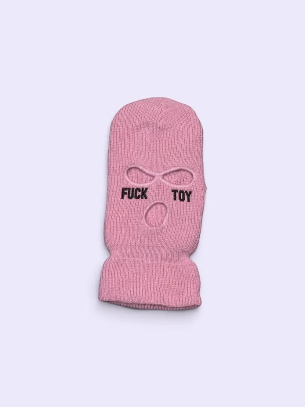 Pink Three-Hole Knit Balaclava with Black Text